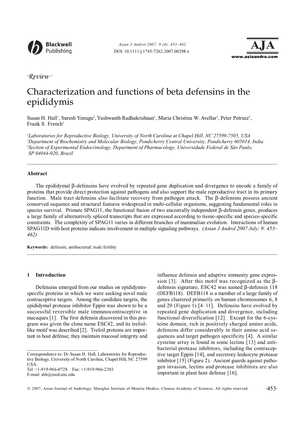 Characterization and Functions of Beta Defensins in the Epididymis