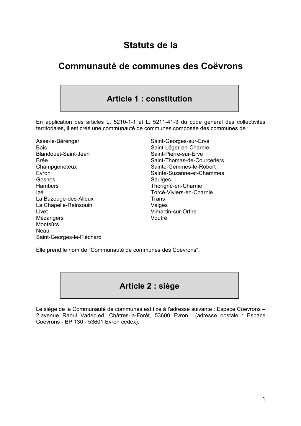 Statuts De La Communauté De Communes Des Coëvrons