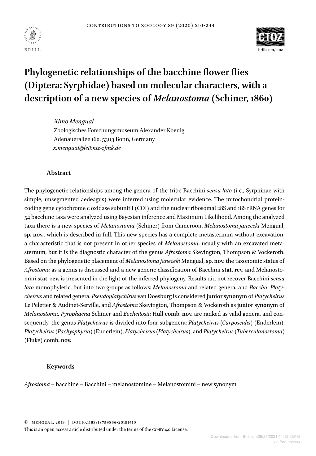 Phylogenetic Relationships of the Bacchine Flower Flies (Diptera