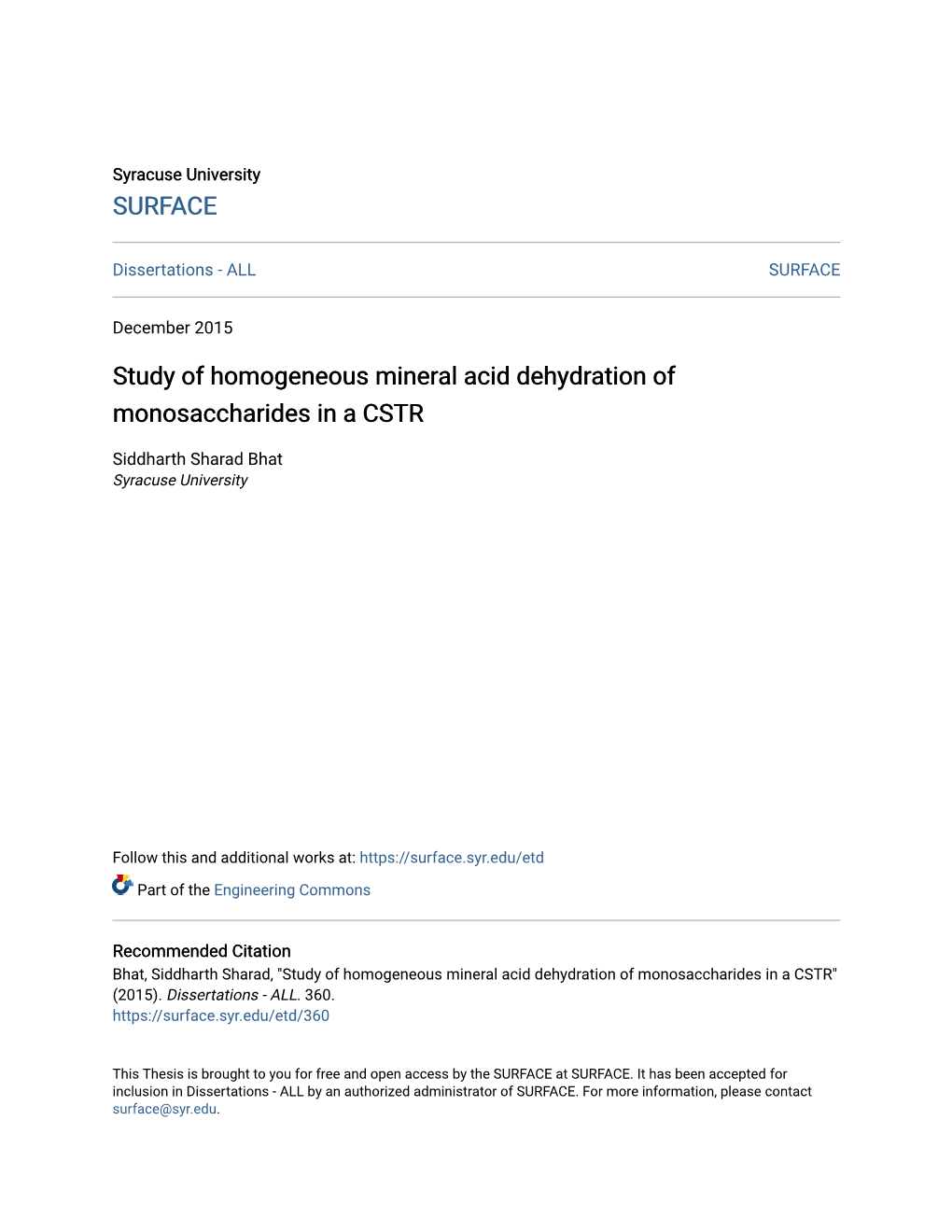 Study of Homogeneous Mineral Acid Dehydration of Monosaccharides in a CSTR