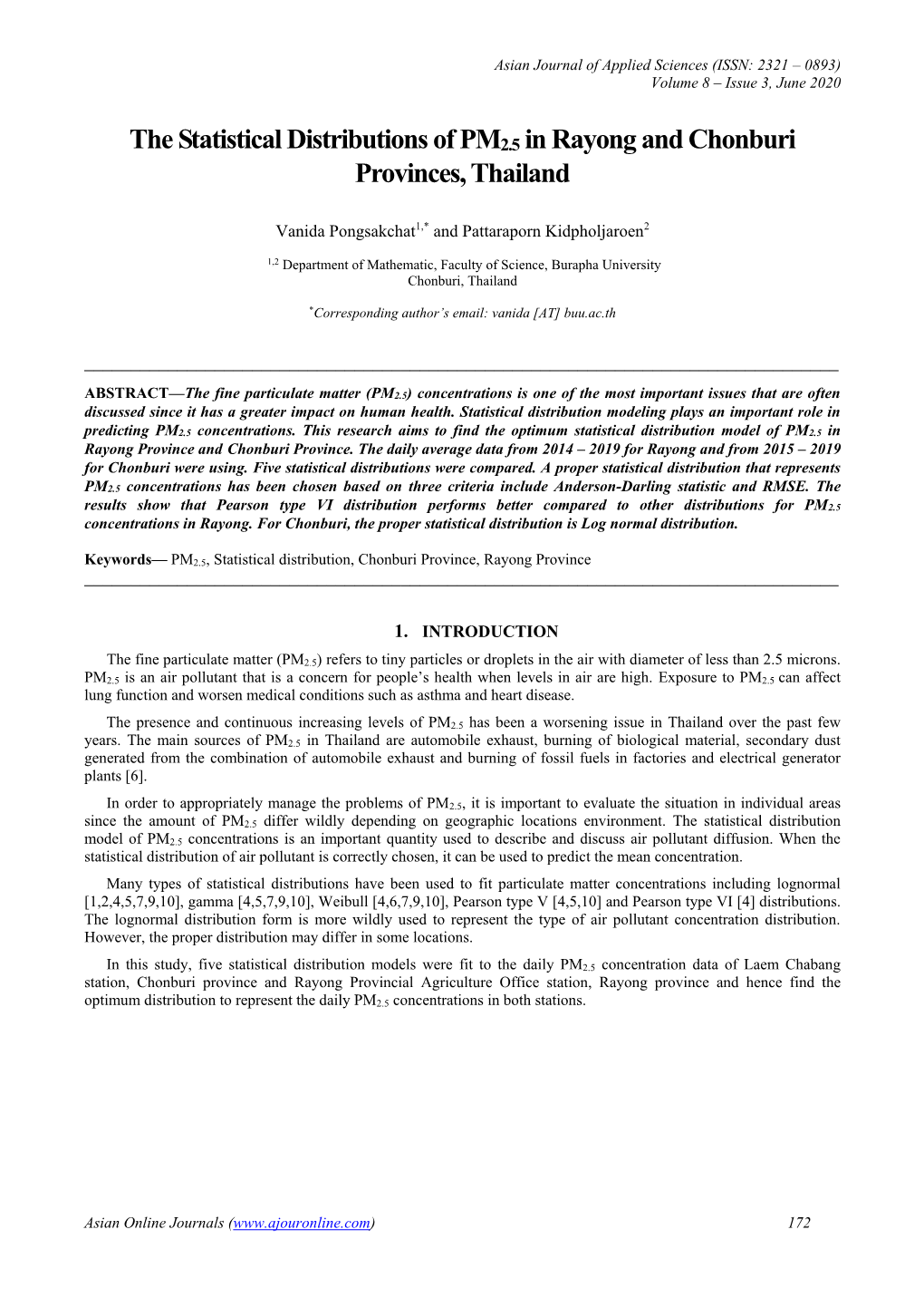 The Statistical Distributions of PM2.5 in Rayong and Chonburi Provinces, Thailand