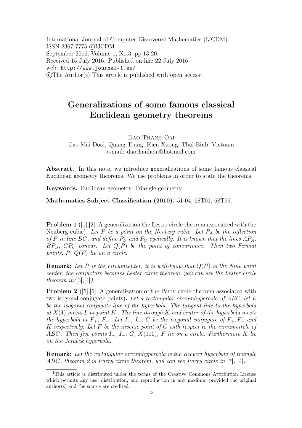 Dao Thanh Oai, Generalizations of Some Famous Classical Euclidean