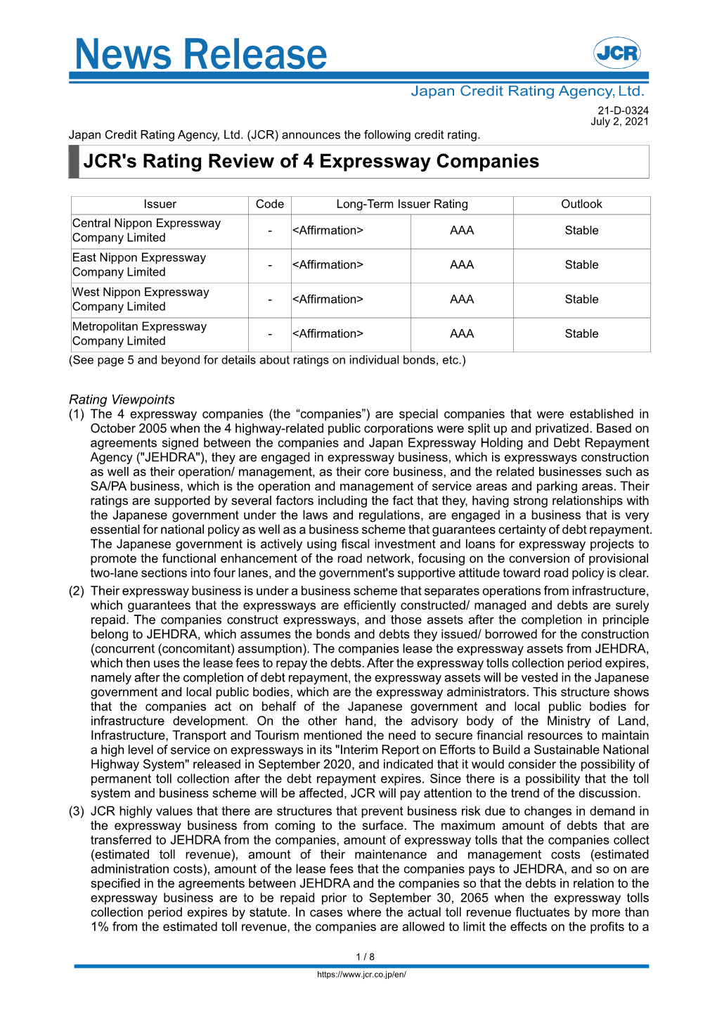 JCR's Rating Review of 4 Expressway Companies
