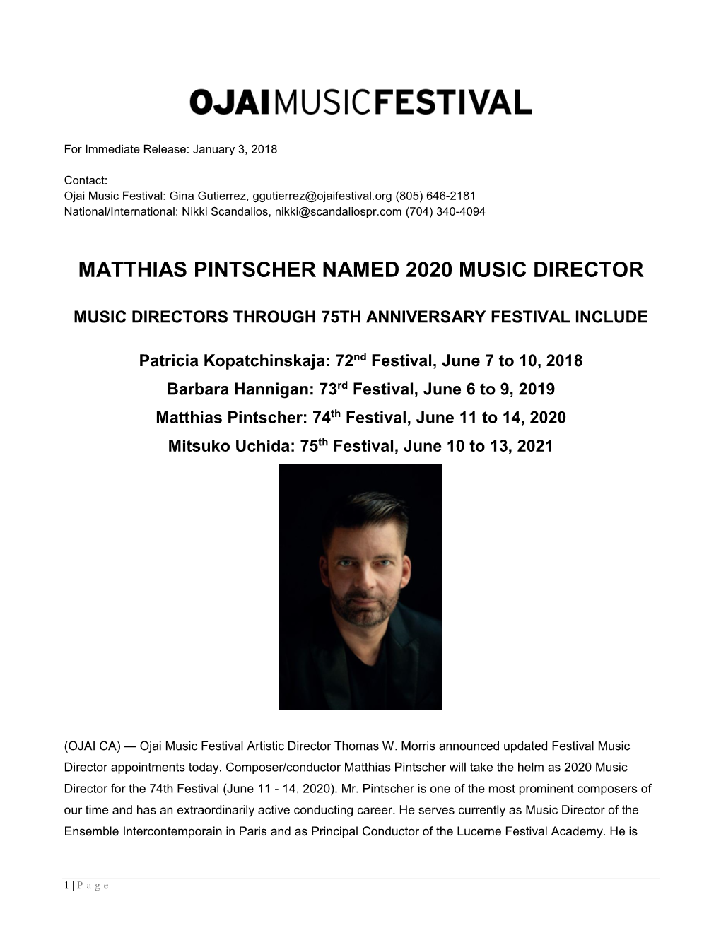 Matthias Pintscher Named 2020 Music Director