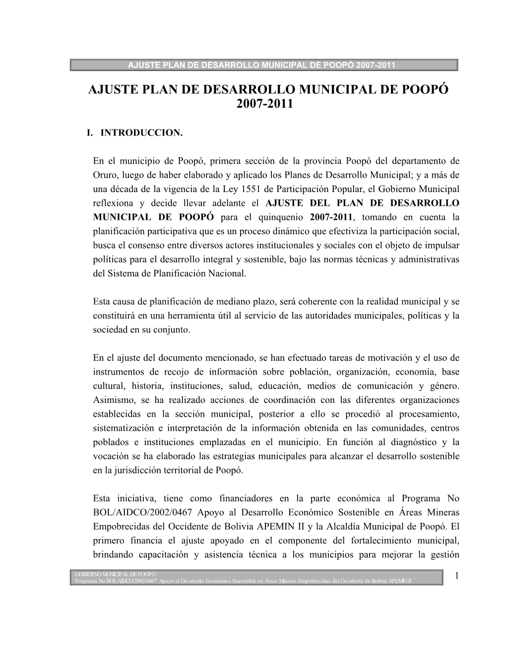 Ajuste Plan De Desarrollo Municipal De Poopó 2007-2011