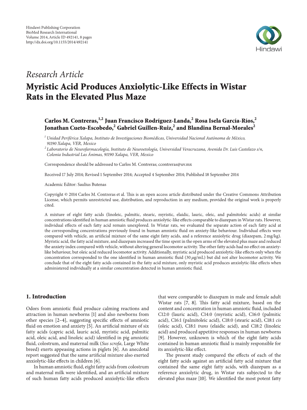 Myristic Acid Produces Anxiolytic-Like Effects in Wistar Rats in the Elevated Plus Maze