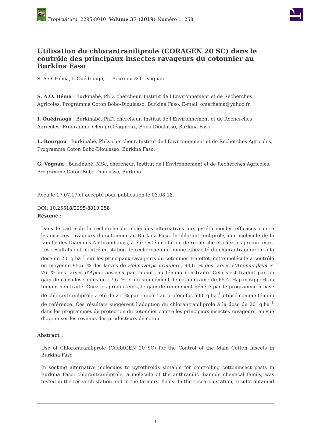 Utilisation Du Chlorantraniliprole (CORAGEN 20 SC) Dans Le Contrôle Des Principaux Insectes Ravageurs Du Cotonnier Au Burkina Faso