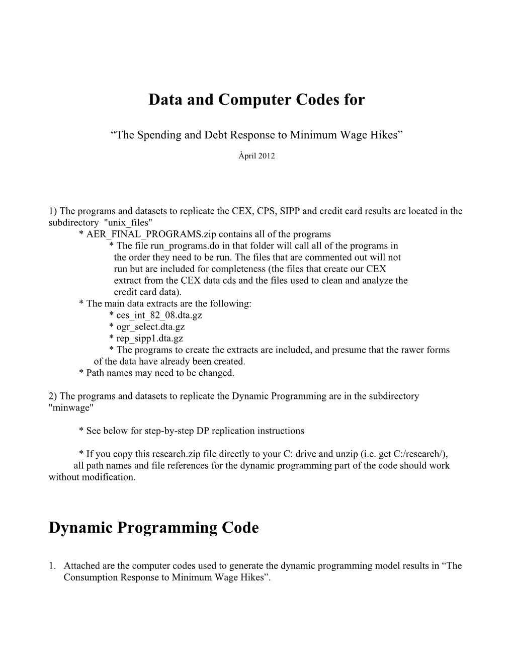 Data and Computer Codes for Dynamic Programming Code