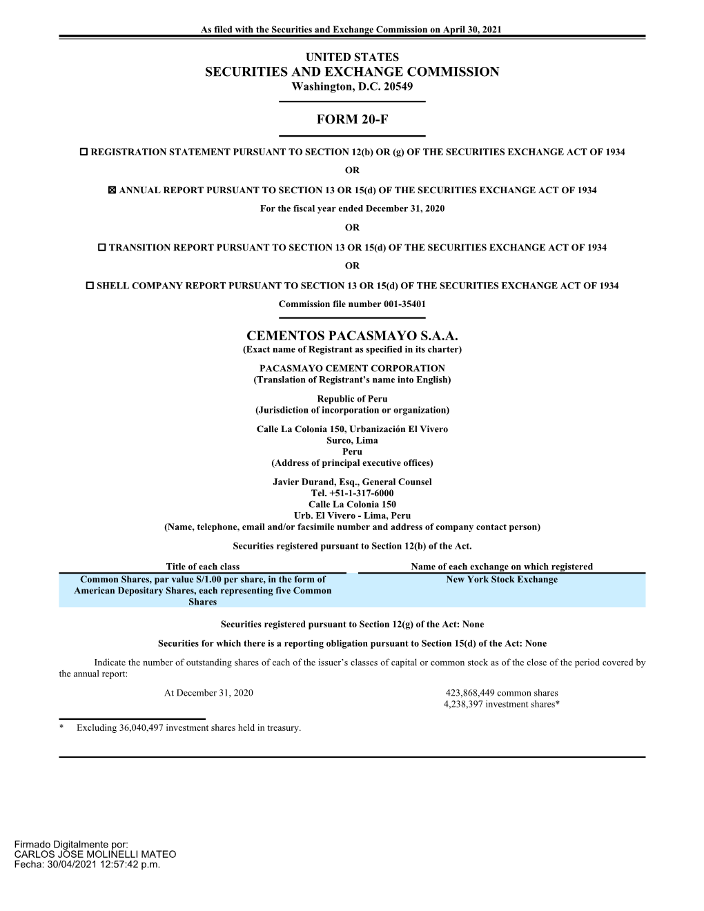 Securities and Exchange Commission Form 20-F