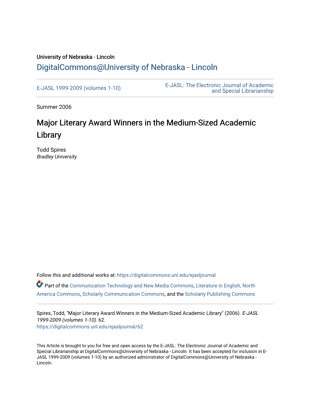 Major Literary Award Winners in the Medium-Sized Academic Library