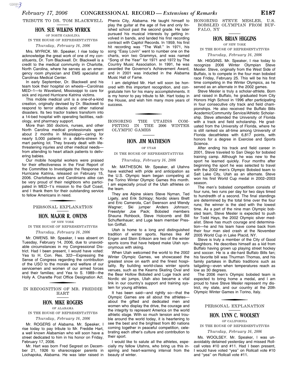 CONGRESSIONAL RECORD— Extensions of Remarks E187 HON. SUE WILKINS MYRICK HON. MAJOR R. OWENS HON. MIKE ROGERS HON. JIM MATHESO