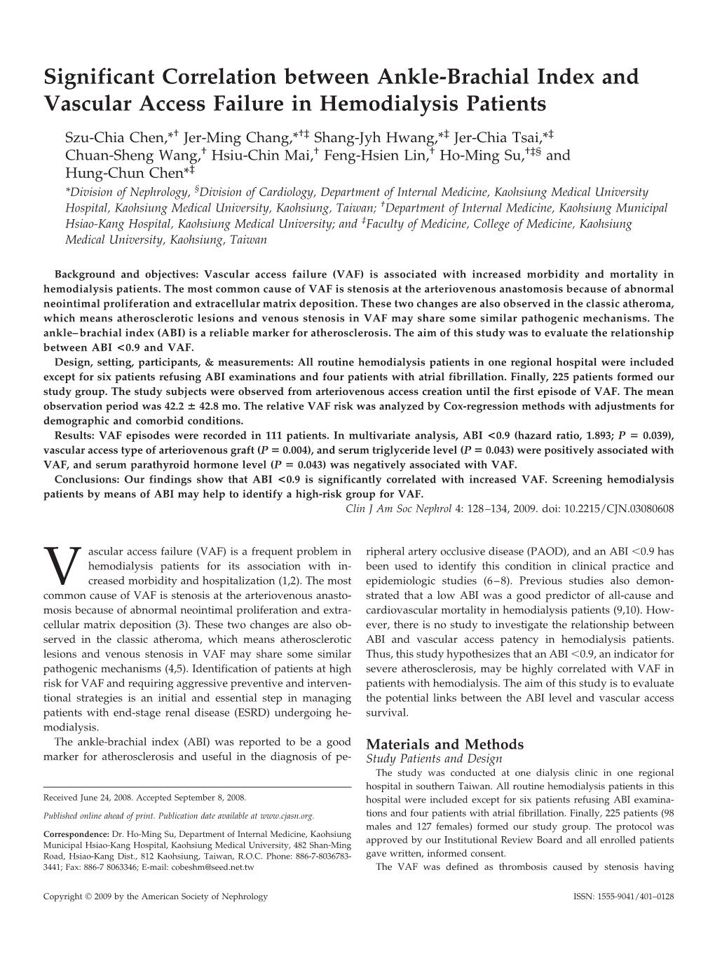 Significant Correlation Between Ankle-Brachial Index and Vascular Access Failure in Hemodialysis Patients