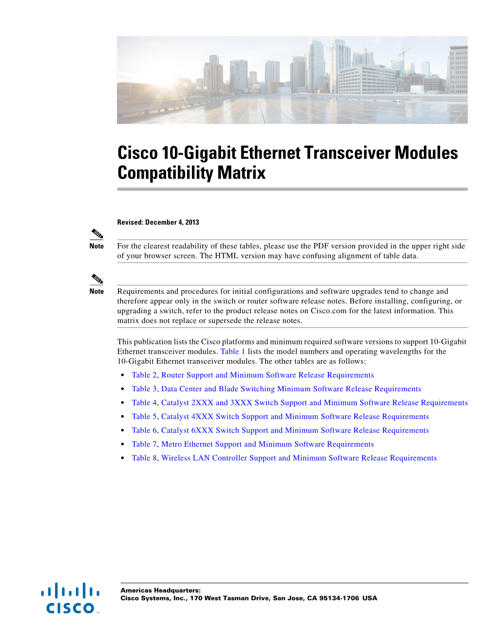 Cisco 10-Gigabit Ethernet Transceiver Modules Compatibility Matrix