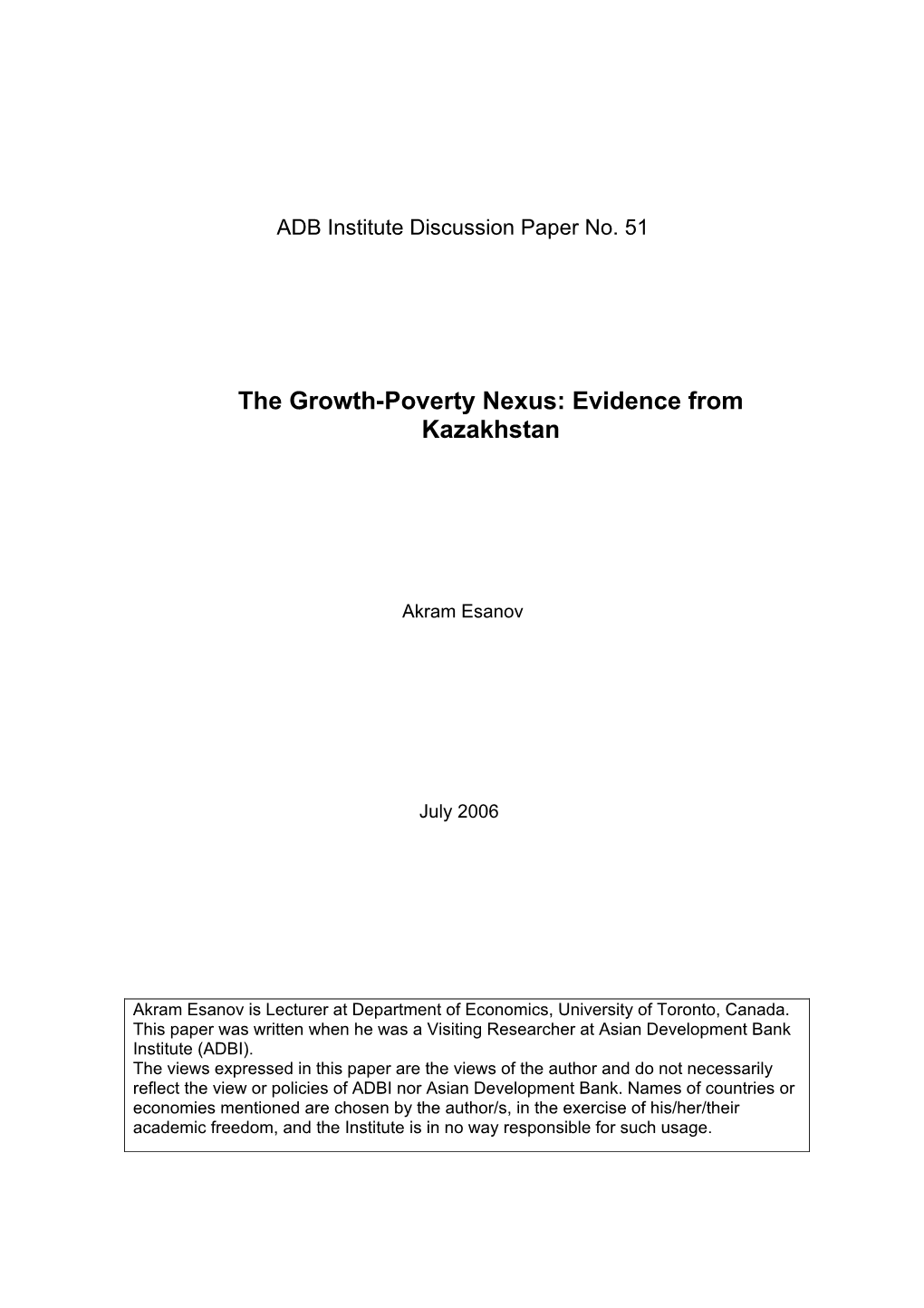 The Growth-Poverty Nexus: Evidence from Kazakhstan