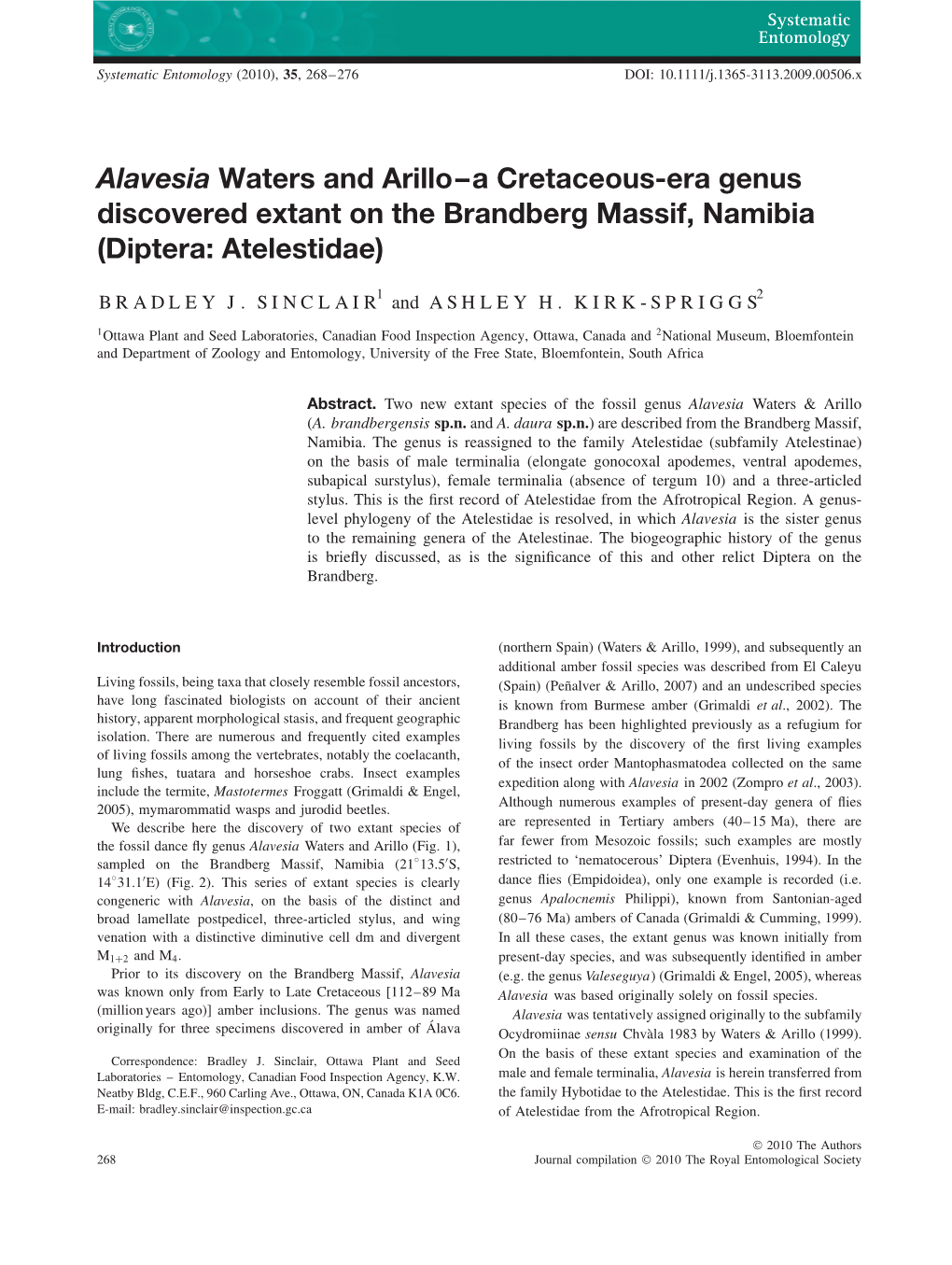 Alavesia Waters and Arillo–A Cretaceous-Era Genus Discovered Extant on the Brandberg Massif, Namibia (Diptera: Atelestidae)