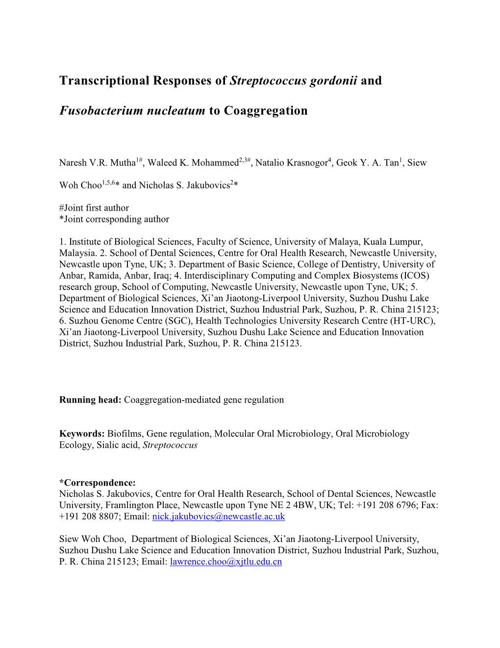 Transcriptional Responses of Streptococcus Gordonii And