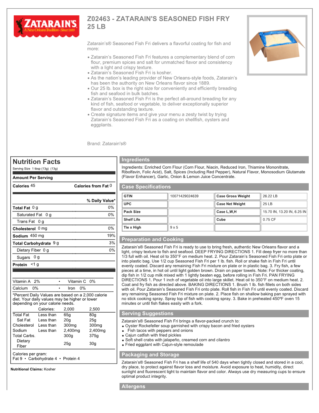 ZATARAIN's SEASONED FISH FRY 25 LB Nutrition Facts