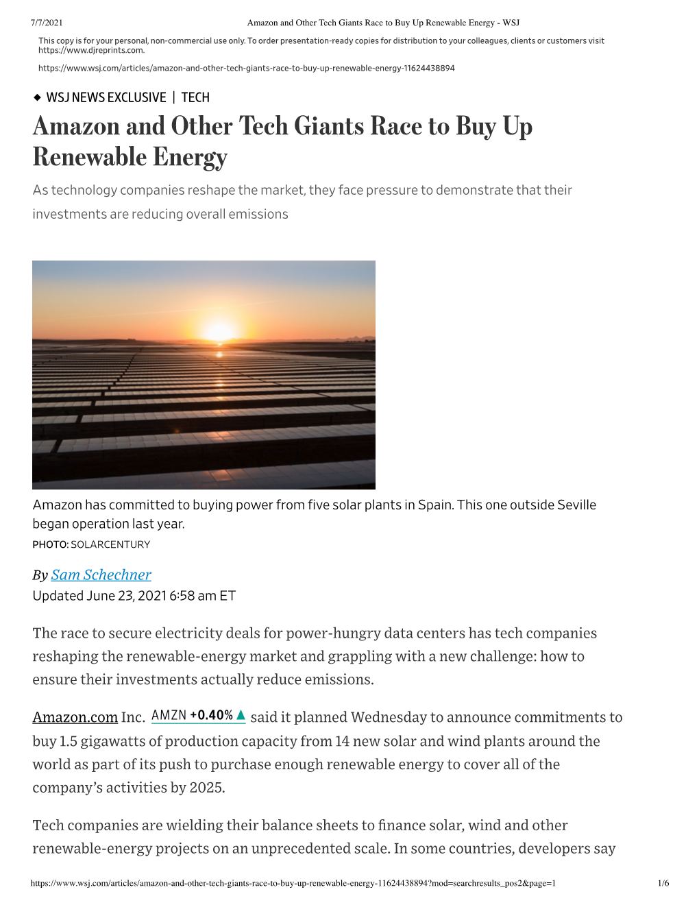 Amazon and Other Tech Giants Race to Buy up Renewable Energy - WSJ