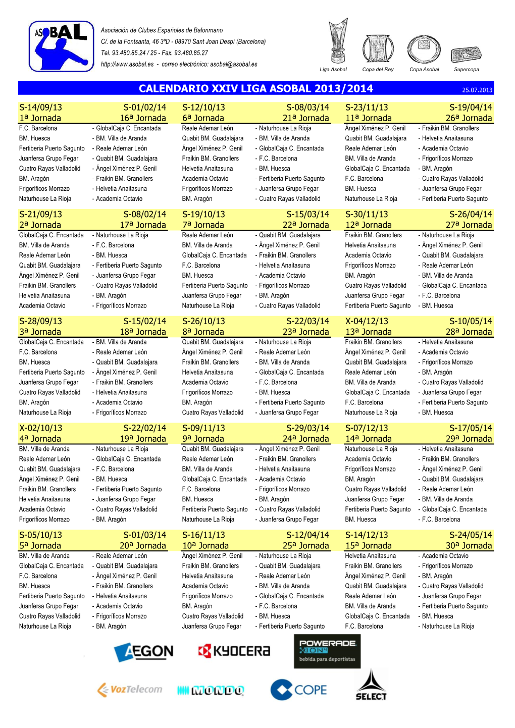 Calendario Xxiv Liga Asobal 2013/2014 25.07.2013