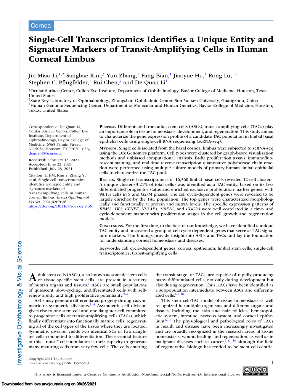 Single-Cell Transcriptomics Identifies a Unique Entity and Signature Markers of Transit-Amplifying Cells in Human Corneal Limbus