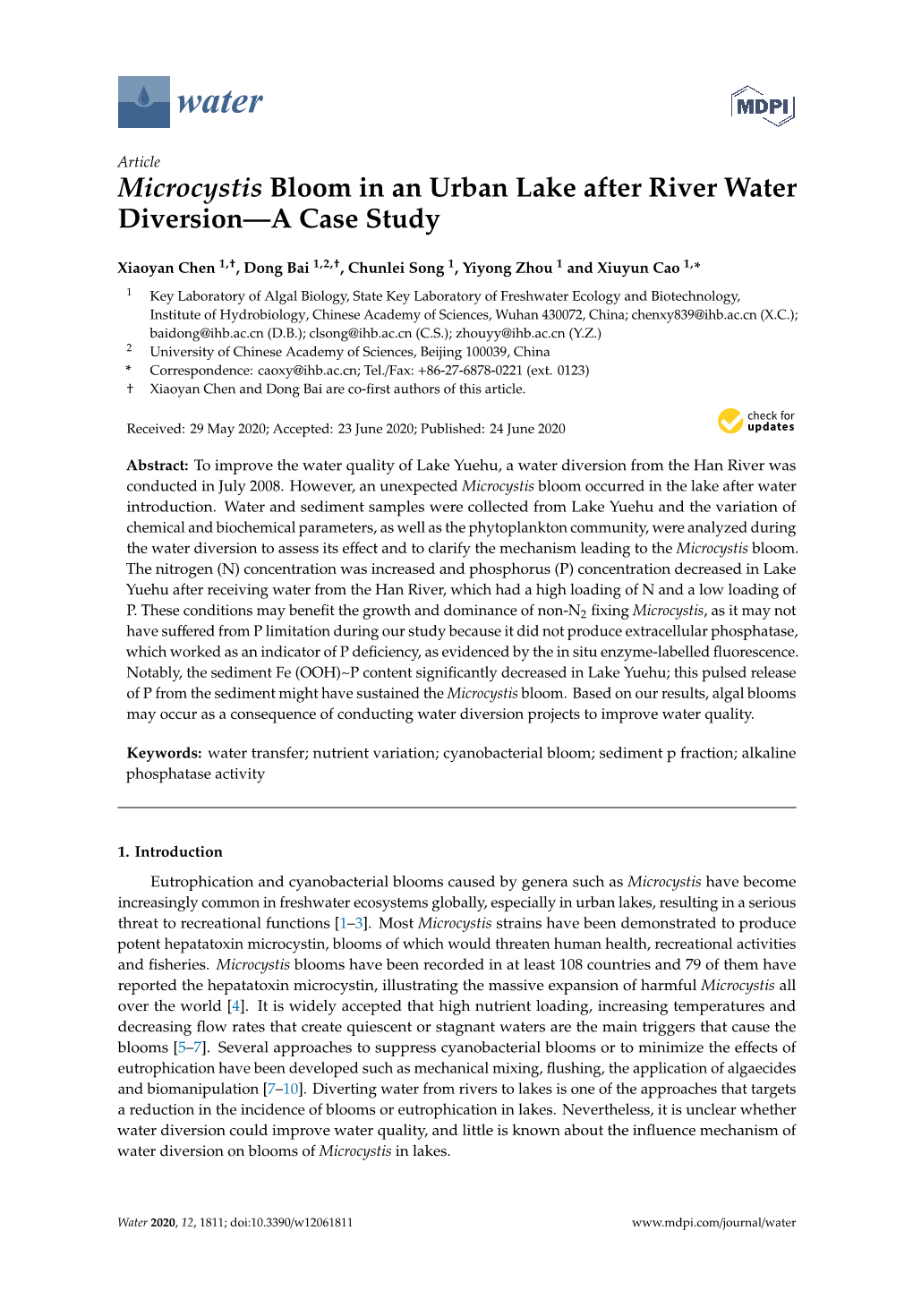 Microcystis Bloom in an Urban Lake After River Water Diversion—A Case Study