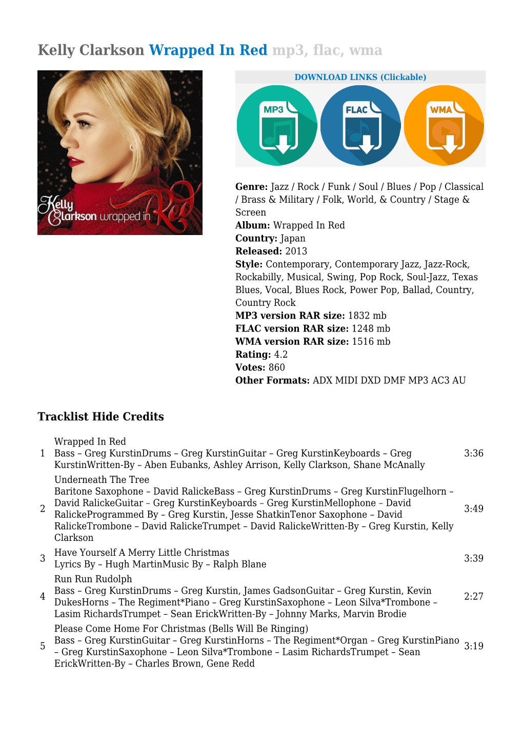 Kelly Clarkson Wrapped in Red Mp3, Flac, Wma