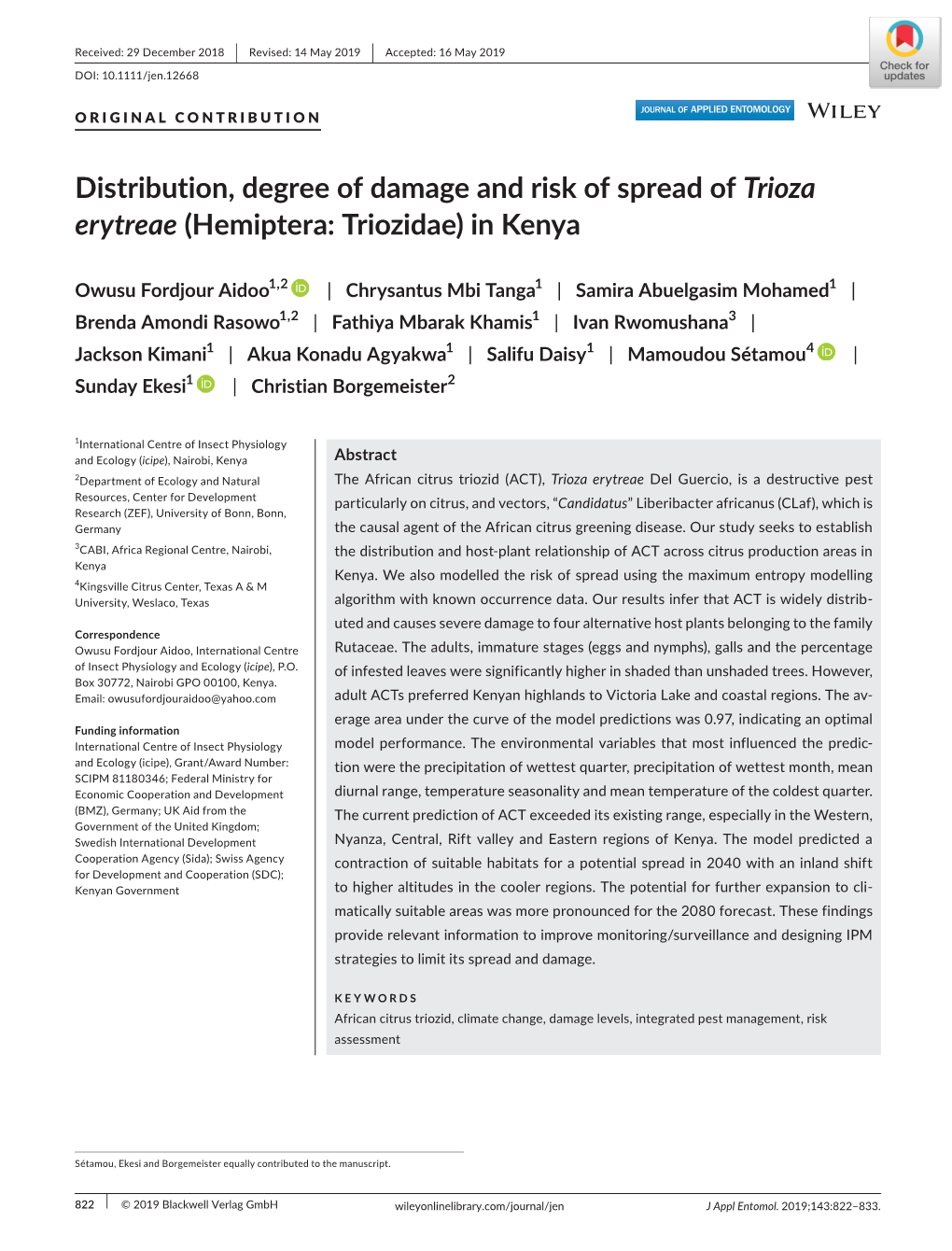 Distribution, Degree of Damage and Risk of Spread of Trioza Erytreae (Hemiptera: Triozidae) in Kenya