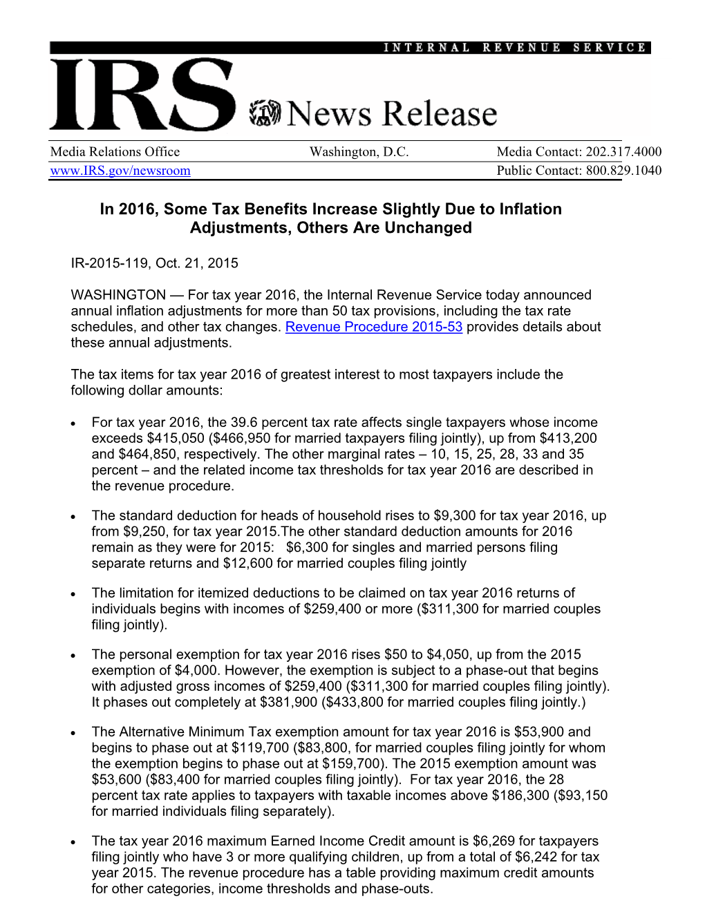 In 2016, Some Tax Benefits Increase Slightly Due to Inflation Adjustments, Others Are Unchanged