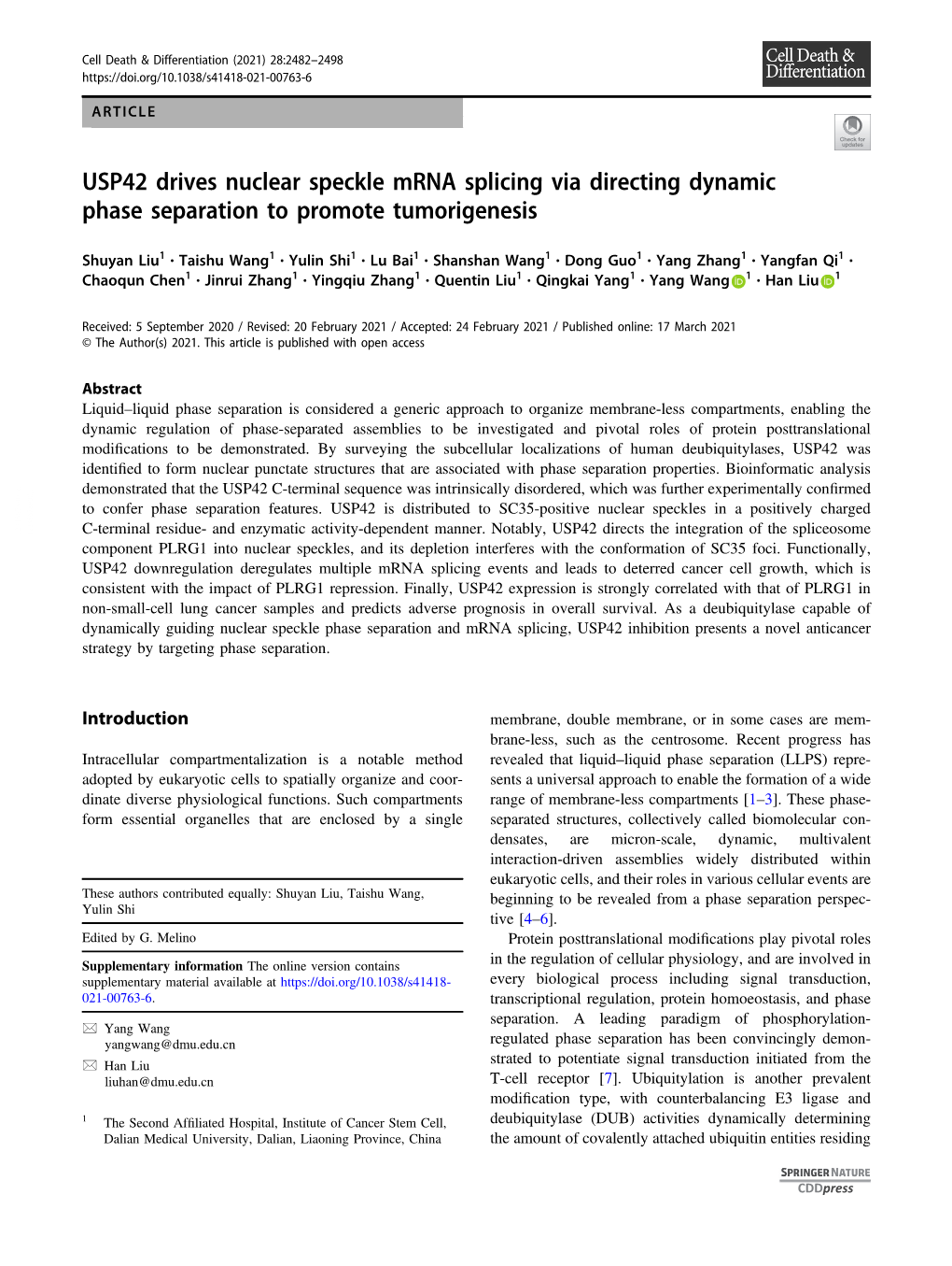 USP42 Drives Nuclear Speckle Mrna Splicing Via Directing Dynamic Phase Separation to Promote Tumorigenesis