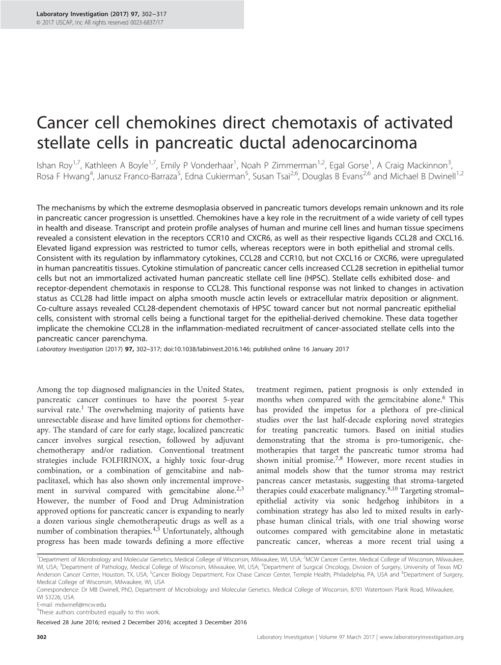 Cancer Cell Chemokines Direct Chemotaxis of Activated Stellate