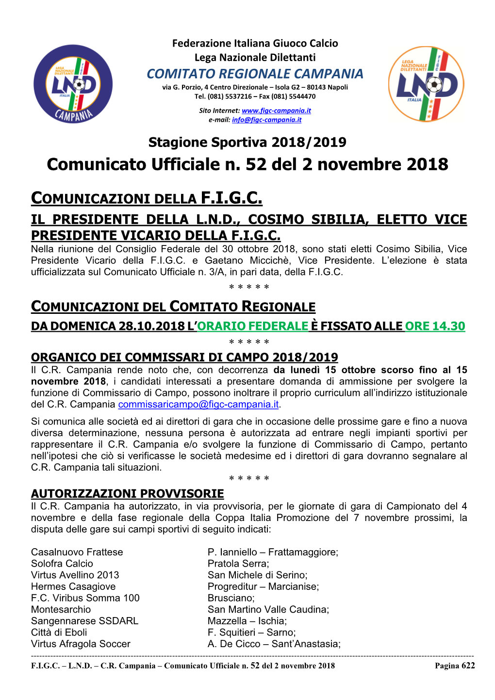 Comunicato Ufficiale N. 52 Del 2 Novembre 2018