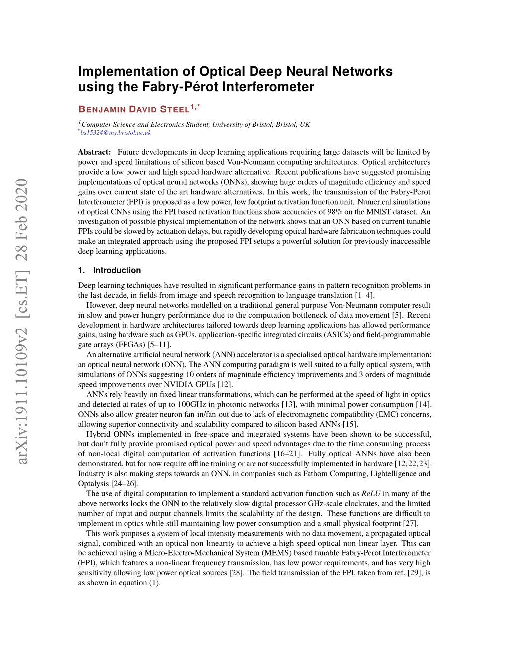 Implementation of Optical Deep Neural Networks Using the Fabry-Pérot Interferometer