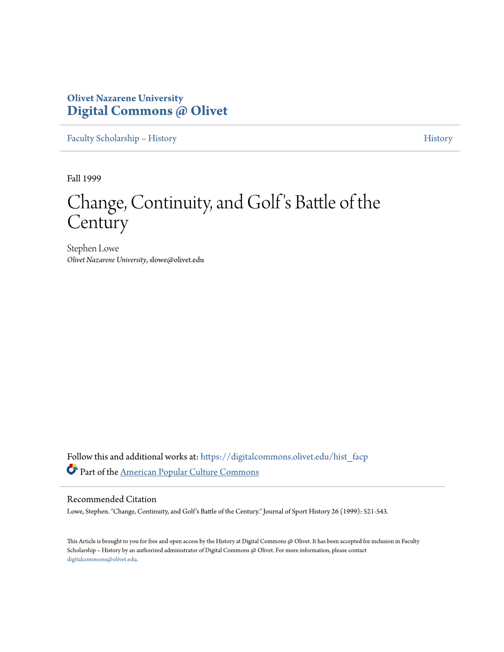 Change, Continuity, and Golf's Battle of the Century