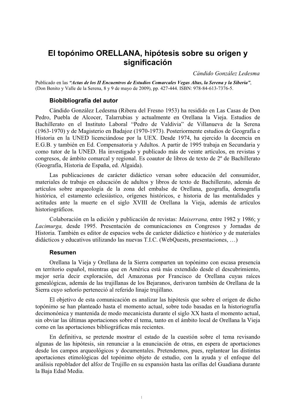 El Topónimo ORELLANA, Hipótesis Sobre Su Origen Y Significación