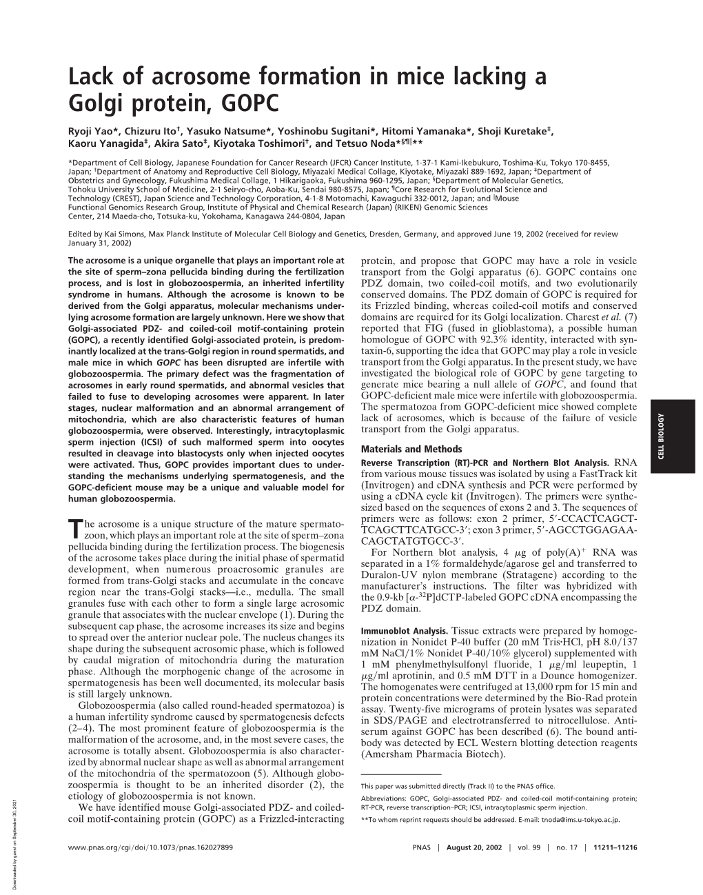 Lack of Acrosome Formation in Mice Lacking a Golgi Protein, GOPC