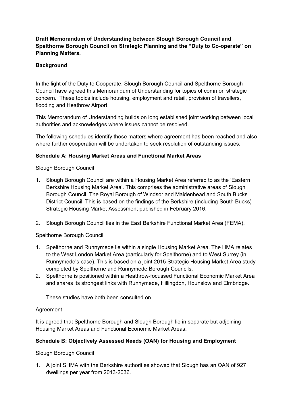 Draft Memorandum of Understanding Between Slough Borough Council and Spelthorne Borough Council on Strategic Planning and the “Duty to Co-Operate” on Planning Matters