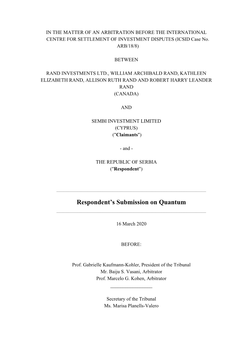 Respondent's Submission on Quantum