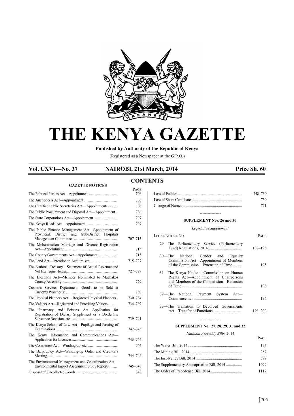 THE KENYA GAZETTE Published by Authority of the Republic of Kenya (Registered As a Newspaper at the G.P.O.)