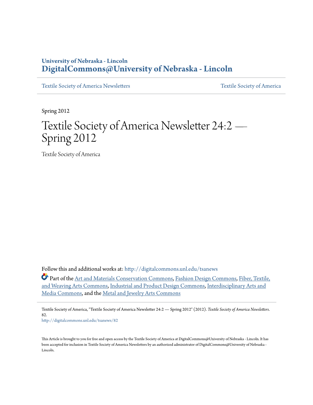 Textile Society of America Newsletter 24:2 — Spring 2012 Textile Society of America