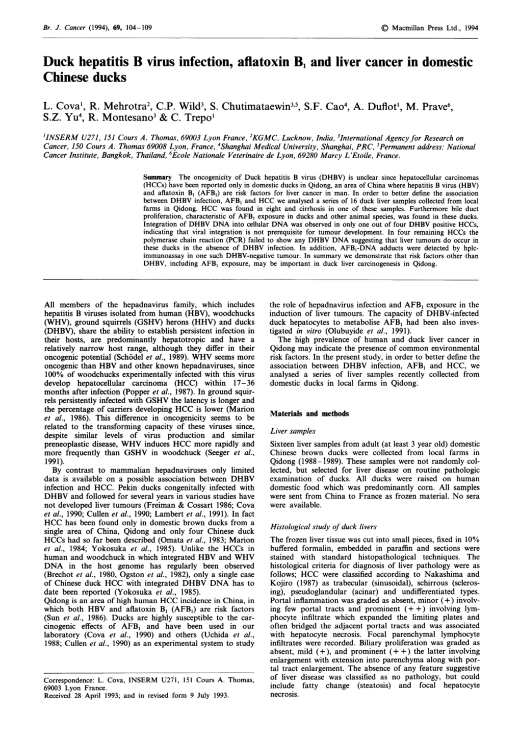 Duck Hepatitis B Virus Infection, Aflatoxin B1 and Liver Cancer in Domestic Chinese Ducks