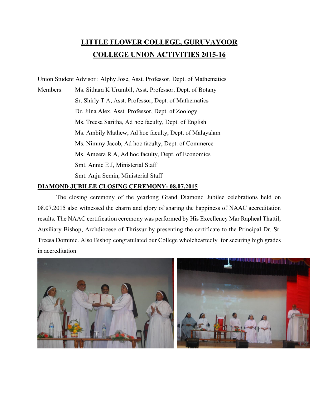 Little Flower College, Guruvayoor College Union Activities 2015-16