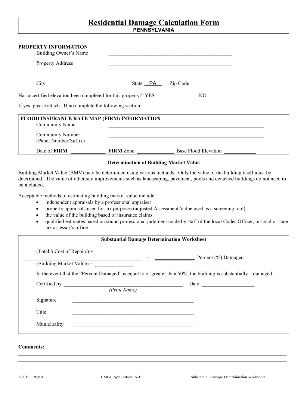 Substantial Damage Calculation Form