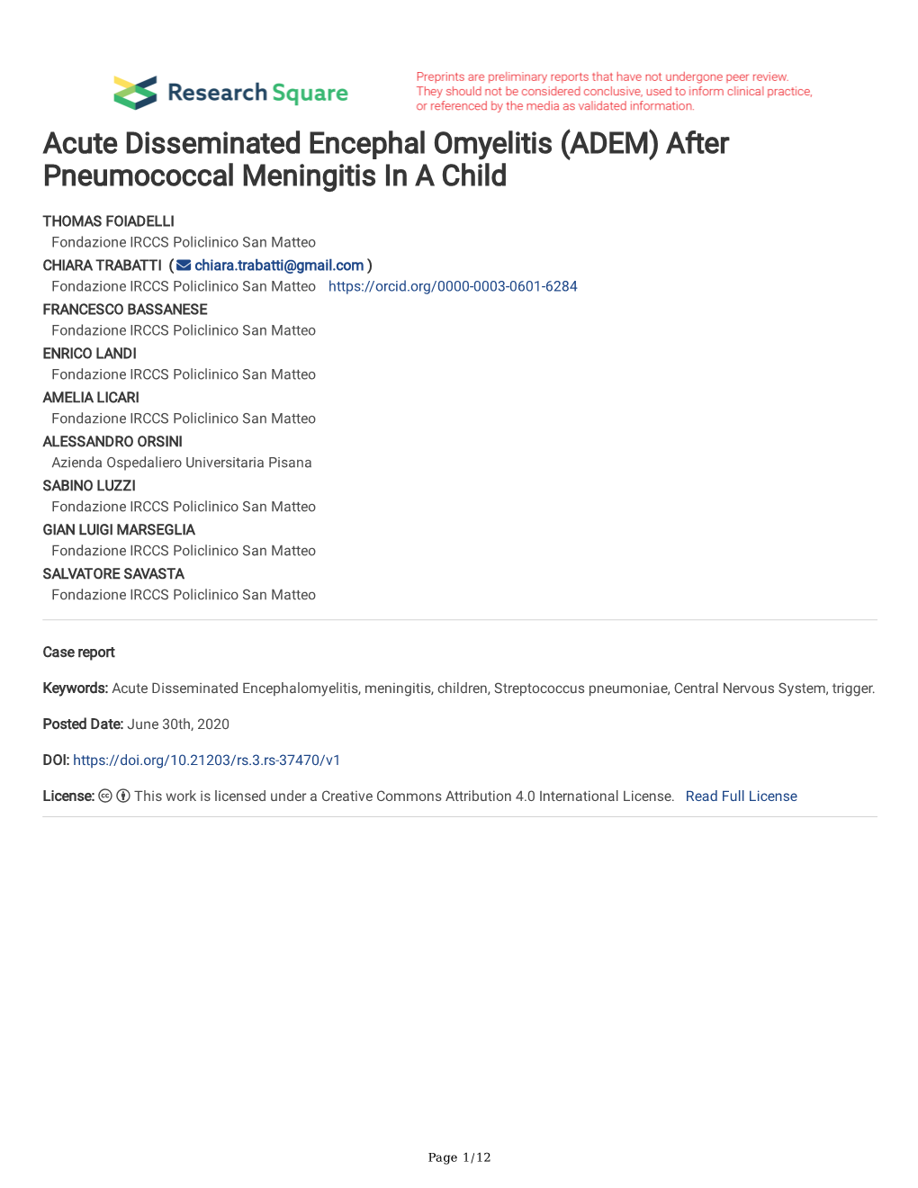 Acute Disseminated Encephal Omyelitis (ADEM) After Pneumococcal Meningitis in a Child