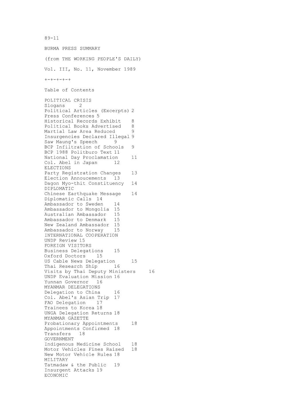89-11 BURMA PRESS SUMMARY (From the WORKING PEOPLE's