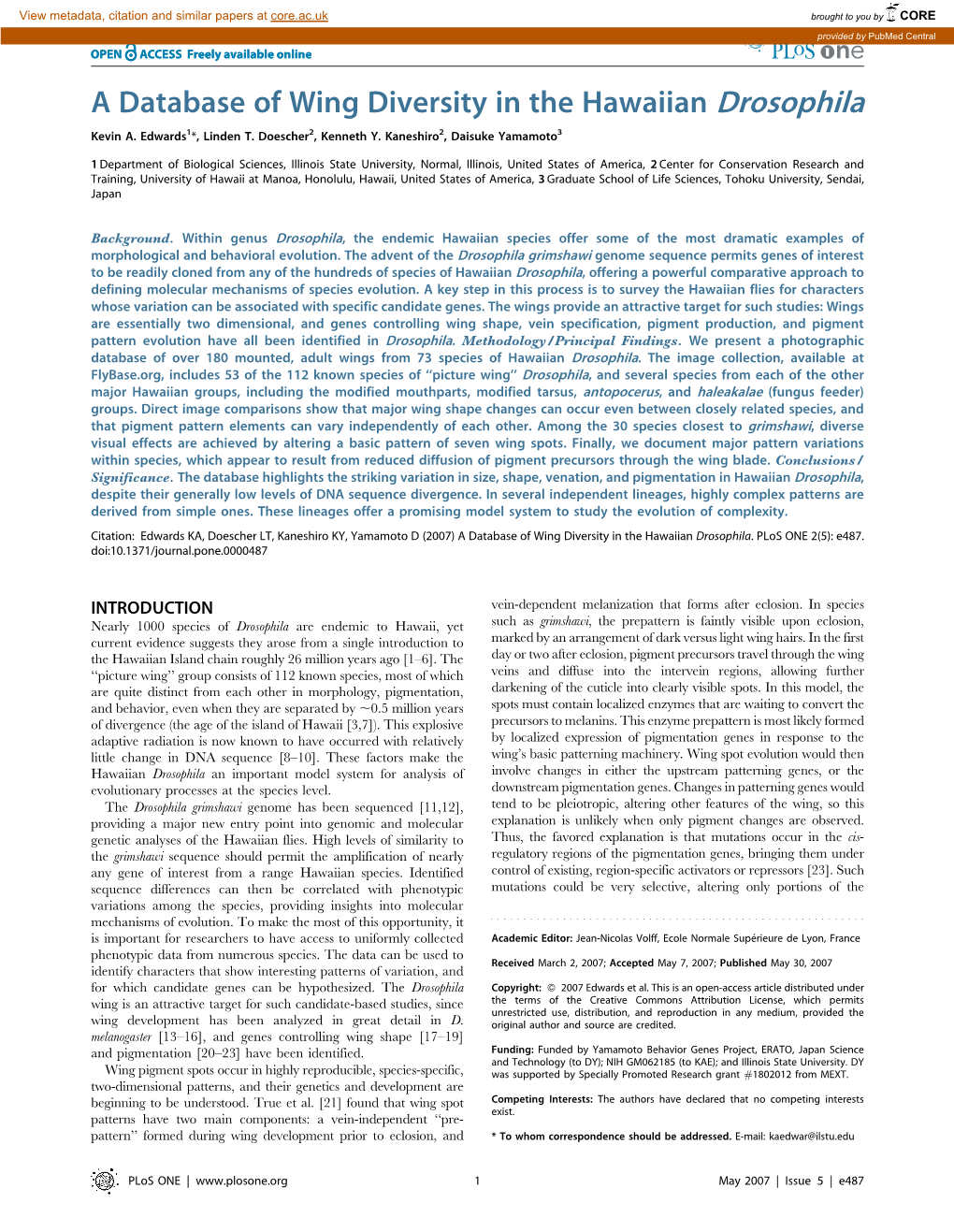 A Database of Wing Diversity in the Hawaiian Drosophila Kevin A