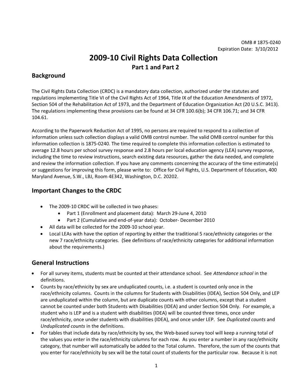 2009-10 Civil Rights Data Collection: Part 1 and Part 2 (MS Word)