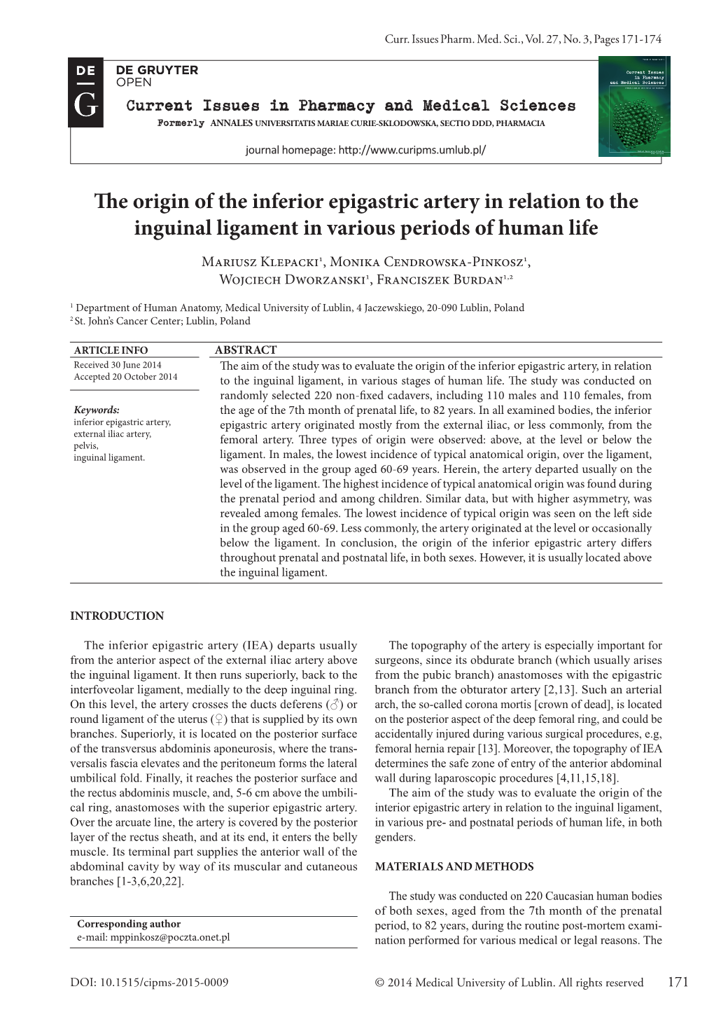 The Origin of the Inferior Epigastric Artery in Relation to the Inguinal