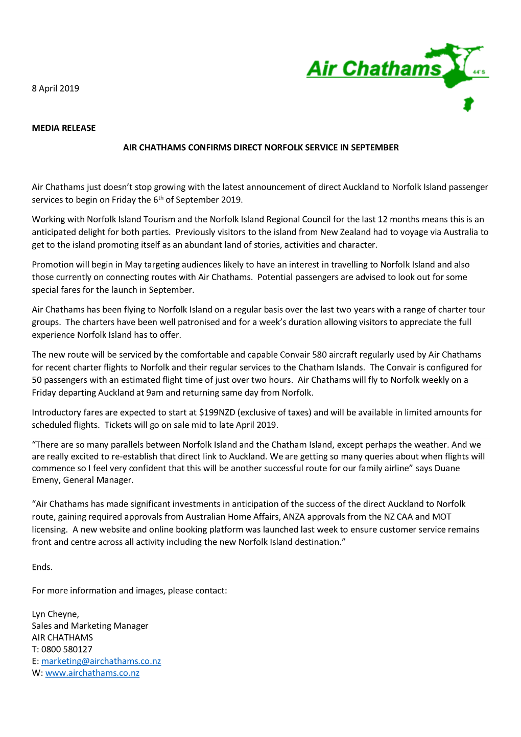 8 April 2019 MEDIA RELEASE AIR CHATHAMS CONFIRMS DIRECT