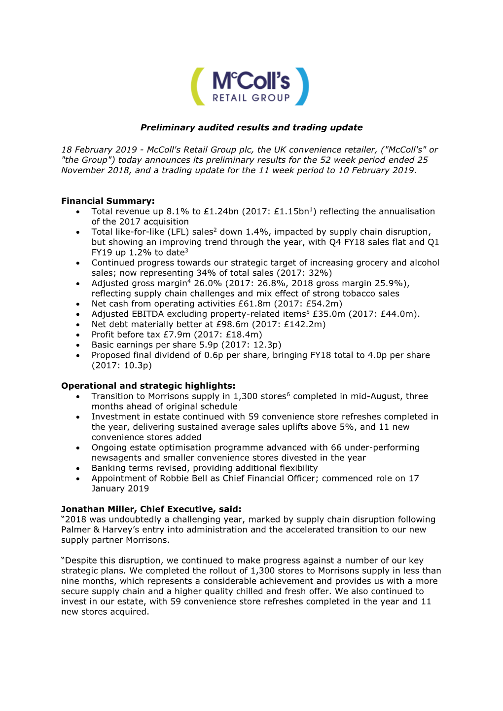 Preliminary Audited Results and Trading Update 18 February 2019