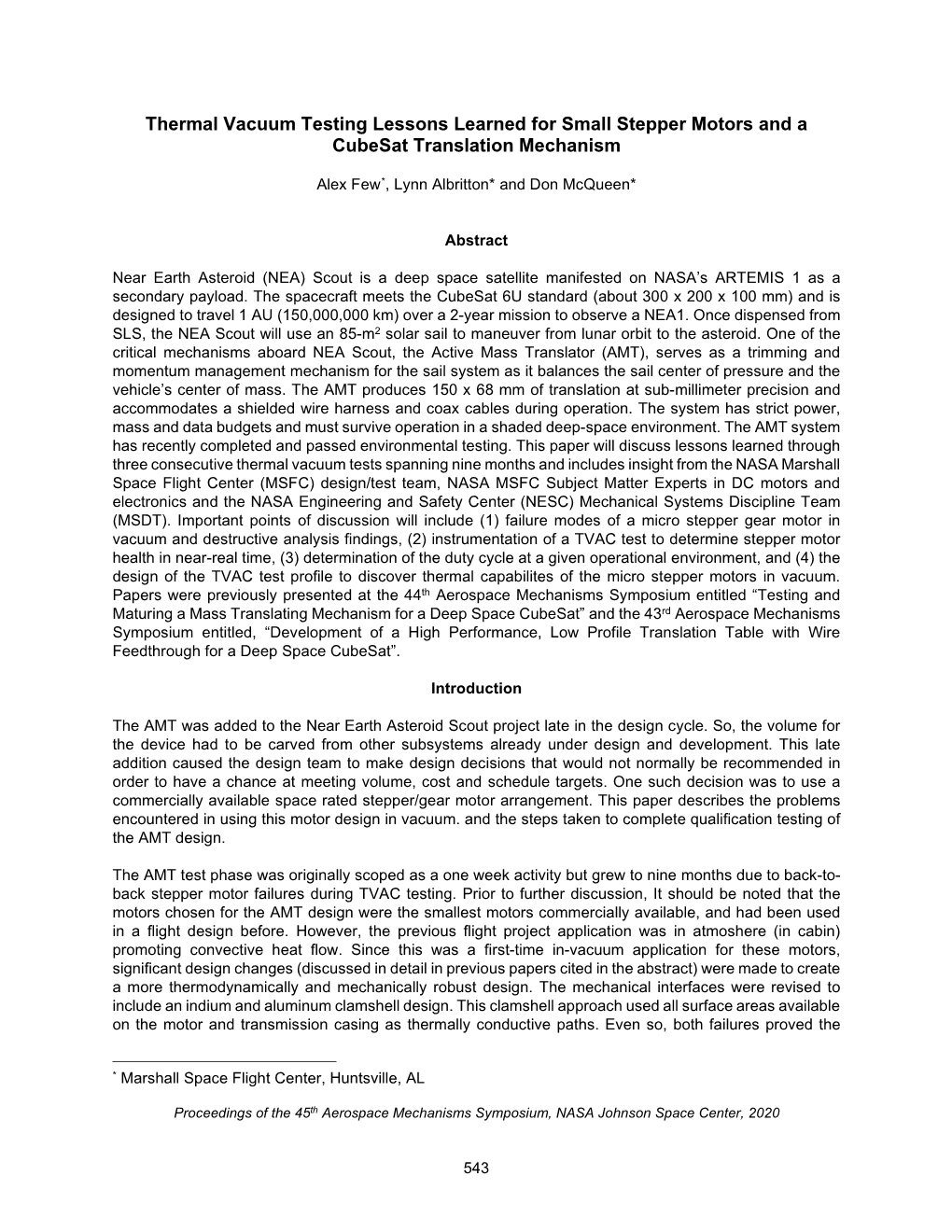 Thermal Vacuum Testing Lessons Learned for Small Stepper Motors and a Cubesat Translation Mechanism